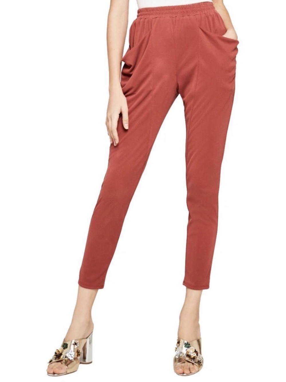 BCBG Ruby Wine Drape-Pocket Rib-Knit Tapered Harem Pants Size S